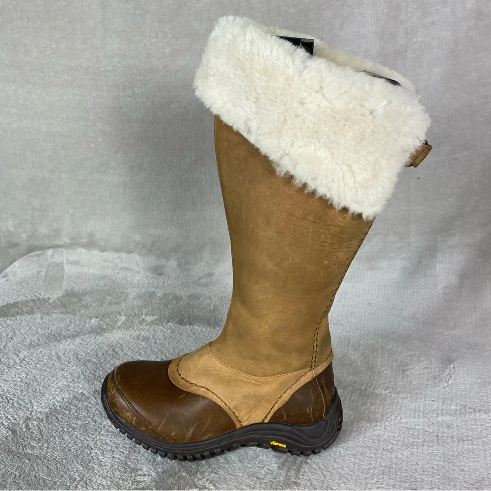 UGG Miko Tall Boots Womens Size 5 Brown Shearling Lined Leather Zip Vibram‎